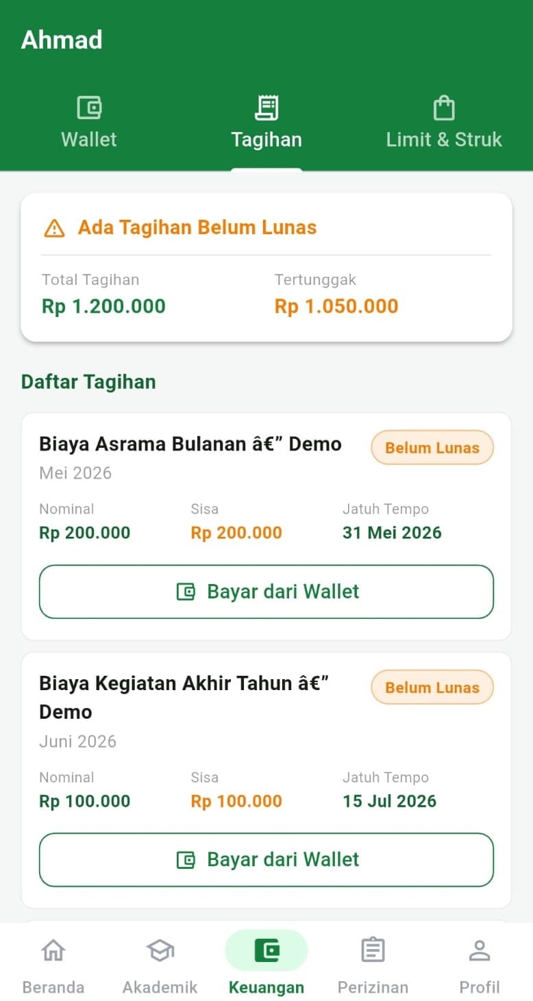 Screenshot: Wallet & tagihan